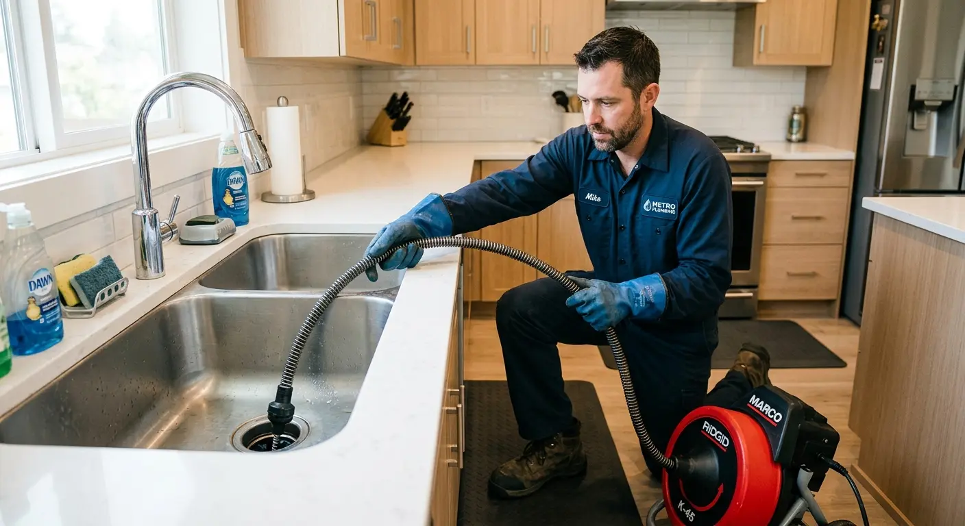 Drain cleaning technician using a motorized snake on a kitchen sink in Clute
