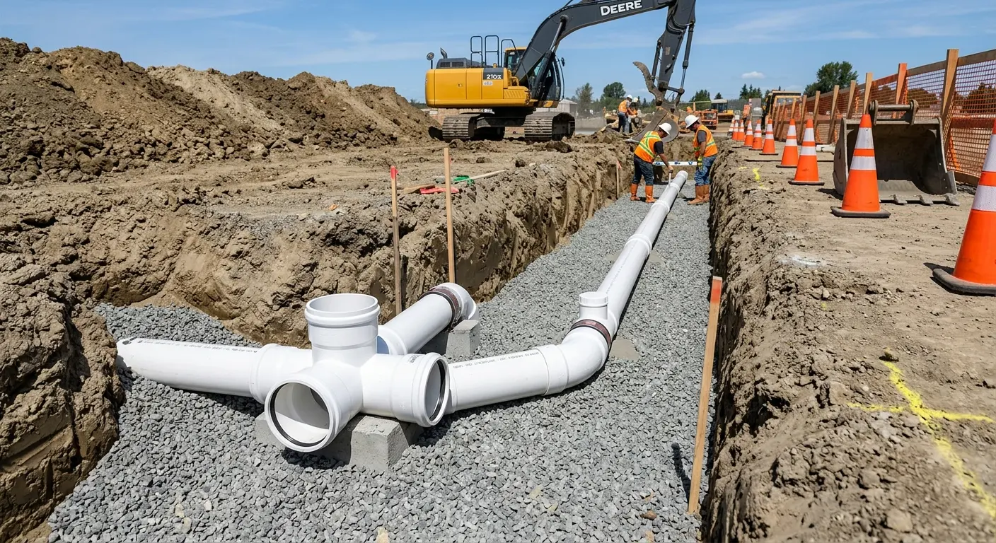 New PVC sewer pipe installation in open trench for Grease Trap Cleaning in Clute