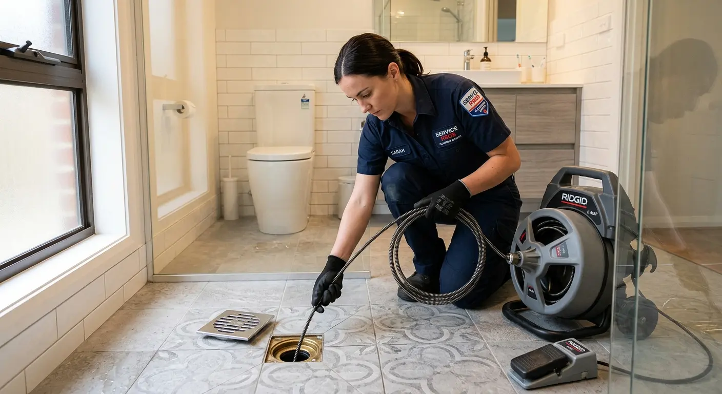 Technician clearing a bathroom floor drain for Sewer Line Installation in Clute
